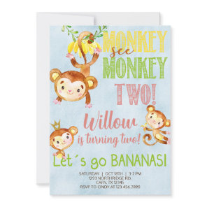 Monkey see monkey two girl birthday invite. invitation
