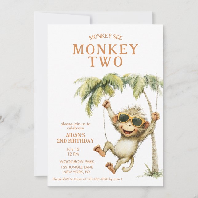 Monkey See Monkey Two Second Birthday Invitation (Front)
