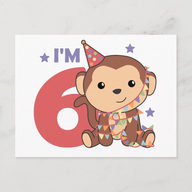 Monkey Sixth Birthday Kids 6 Years Old Postcard (Front)