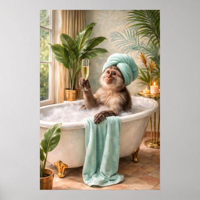 Monkey Spa Print, Humorous Tropical Bath Wall Art (Front)