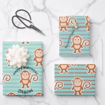 Monkey Stripes Happy Birthday Wrapping Paper Sheets by kidslife at Zazzle