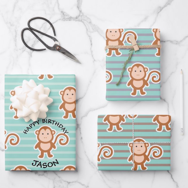 Monkey Stripes Happy Birthday Wrapping Paper Sheets (Front)