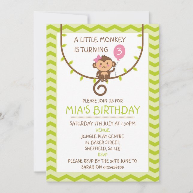 Monkey themed birthday party invitation (Front)
