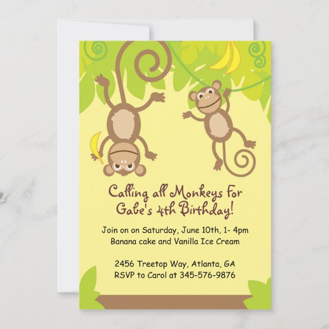 Monkey Themed  Birthday Party Invitation (Front)