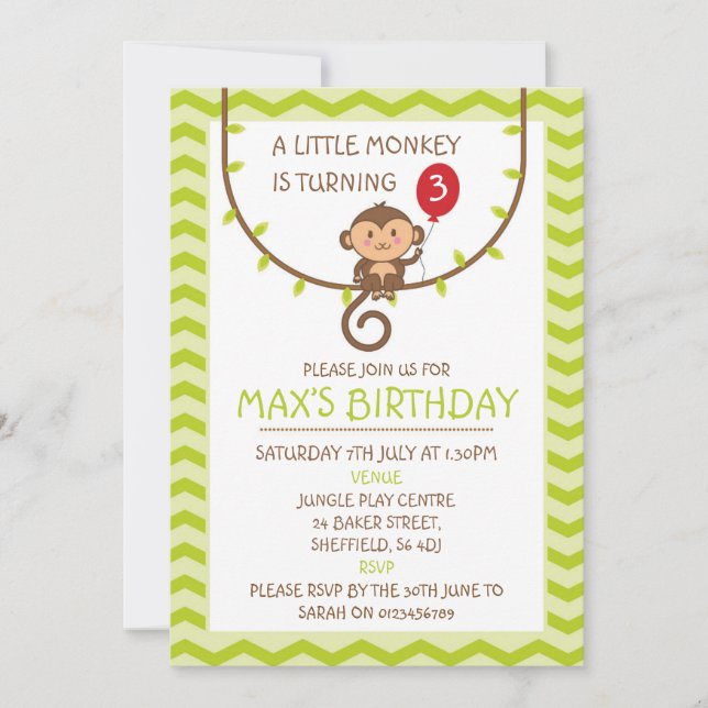 Monkey themed birthday party invitation (Front)