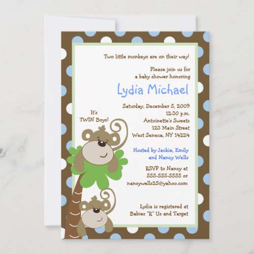 Monkey Time 5x7 TWINS Jungle Baby Shower Invitation