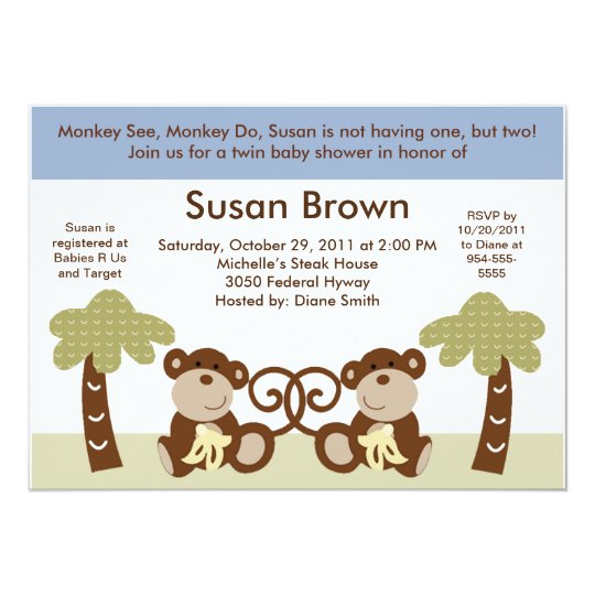 Monkey Time Twin Baby Boys Shower Invitation
