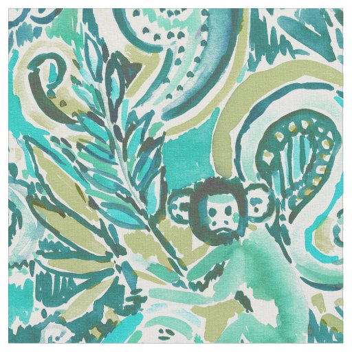 Monkey Trickster Paisley Jade Watercolor Pattern Fabric