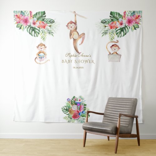 Monkey Tropical Floral Baby Shower Photo Booth Tapestry