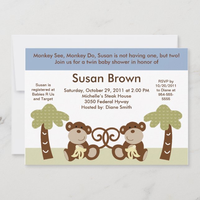 Monkey Twin Baby Boys Shower Invitation (Front)