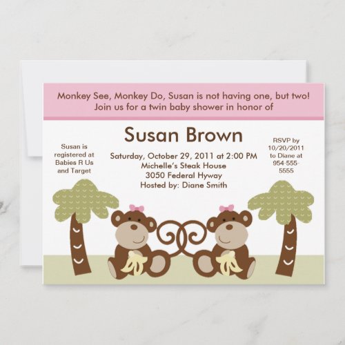 Monkey Twins Baby Girls Shower Invitation