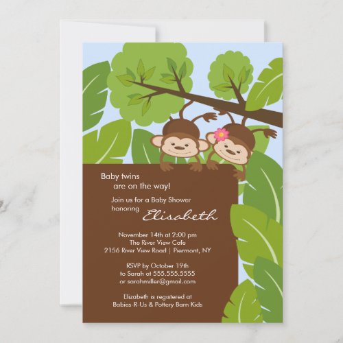 Monkey Twins Baby Shower Invitation Boy Girl