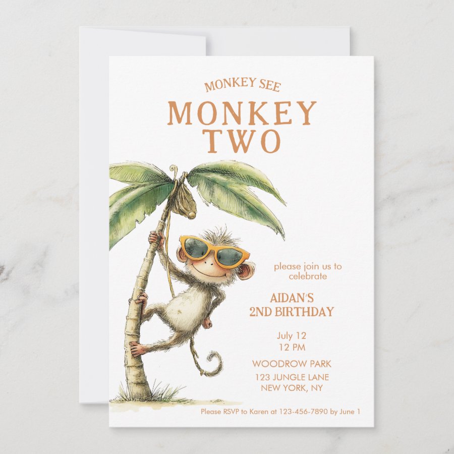Monkey Two Second Birthday Invitation