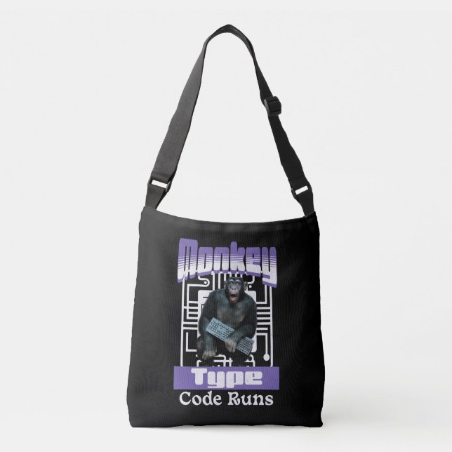 Monkey Typing Code Runs Programmer Humor Crossbody Bag (Front)