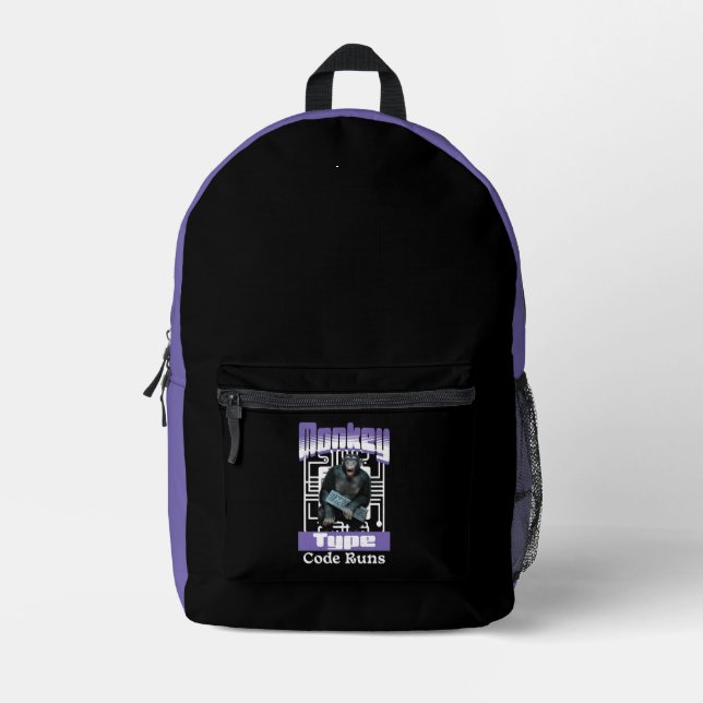 Monkey Typing Code Runs Programmer Humor Printed Backpack (Front)