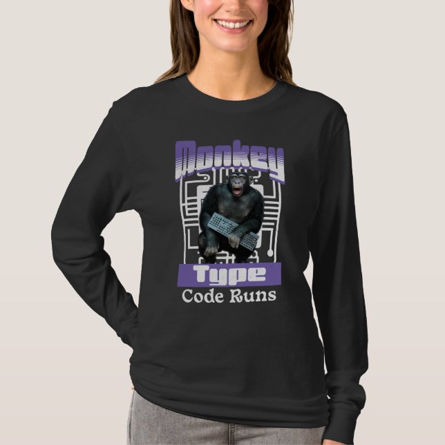Monkey Typing Code Runs Programmer Humor T-Shirt (Front)