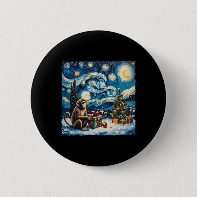 Monkey Van Gogh Style Starry Night Christmas Winte Button (Front)