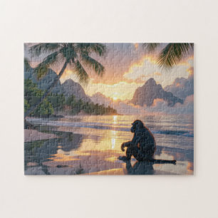Monkey watching sunset on at the Beach Jigsaw Puzzle