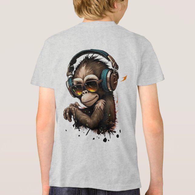 Monkey Wearing Glasses & Headphones in Ears Tri-Blend Shirt (Back)