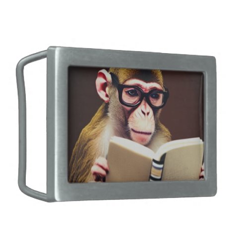 Monkey wearing glasses reading a book belt buckle
