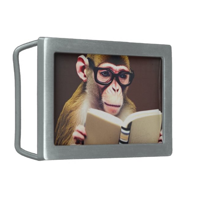 Monkey wearing glasses reading a book belt buckle (Front Left)