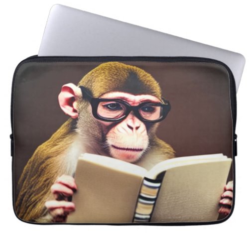 Monkey wearing glasses reading a book realistic laptop sleeve