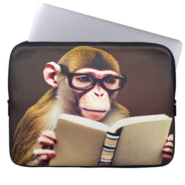 Monkey wearing glasses reading a book, realistic laptop sleeve (Front)
