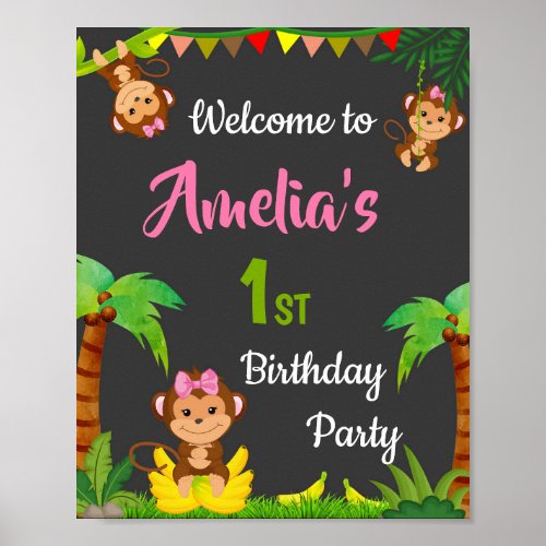 Monkey welcome party sign Girl jungle party poster