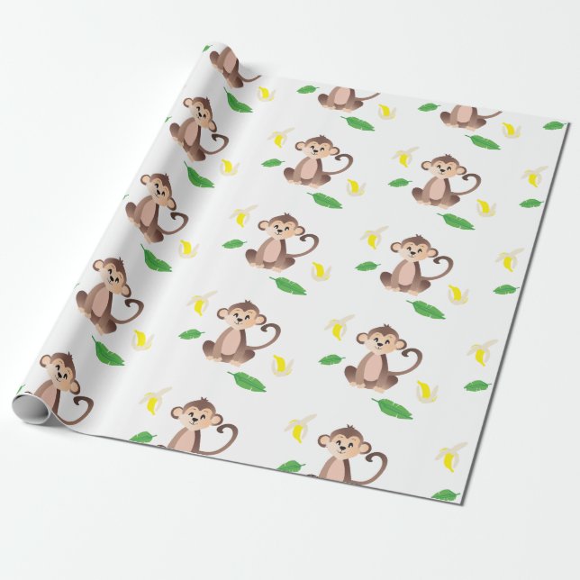 Monkey With Banana Peeled Pattern Yellow Green Wrapping Paper (Unrolled)