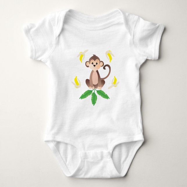 Monkey With Banana Peels Tropical Leaves Jungle Baby Bodysuit (Front)