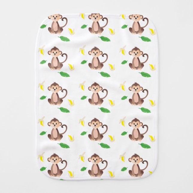 Monkey With Banana Tropical Leaf Green Baby Burp Cloth (Front)