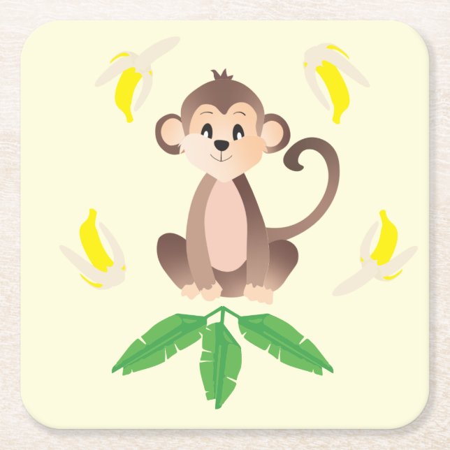 Monkey With Bananas Yellow Jungle Square Paper Coaster (Front)