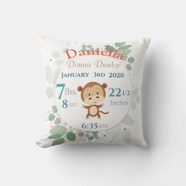 Monkey  with Bordered Leaves Baby Birth Stats Throw Pillow (Front)