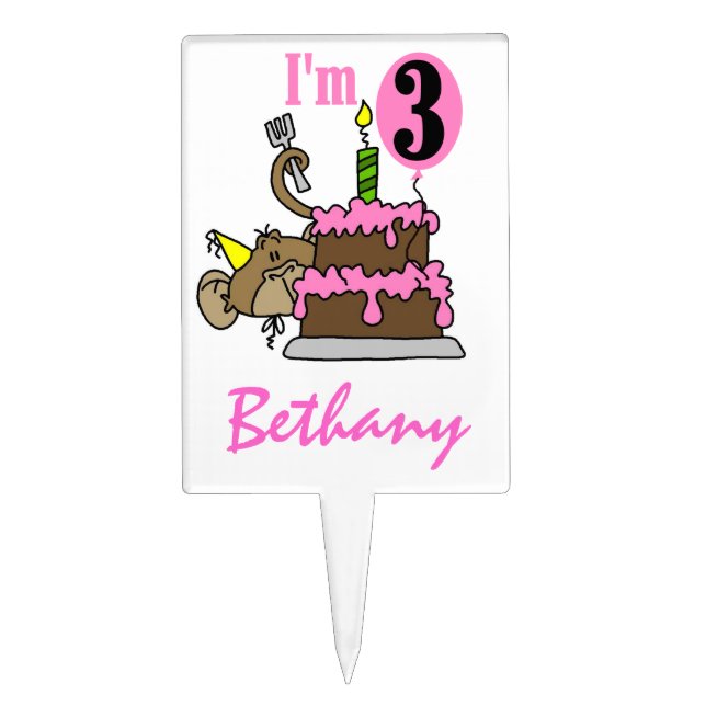 Monkey With Cake 3rd Birthday Cake Topper (Front)