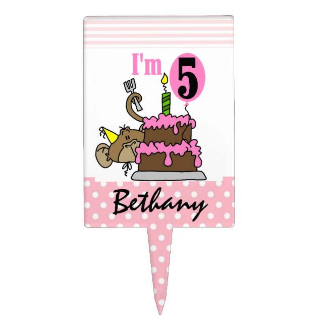 Monkey With Cake 5th Birthday Cake Topper (Front)