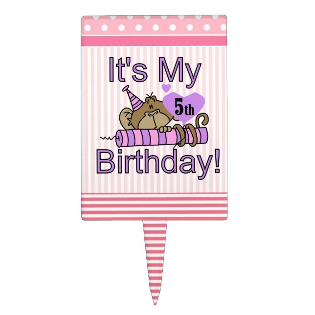 Monkey With Candle 5th Birthday Cake Topper (Front)
