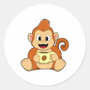 Monkey with Cup of Coffee Classic Round Sticker
