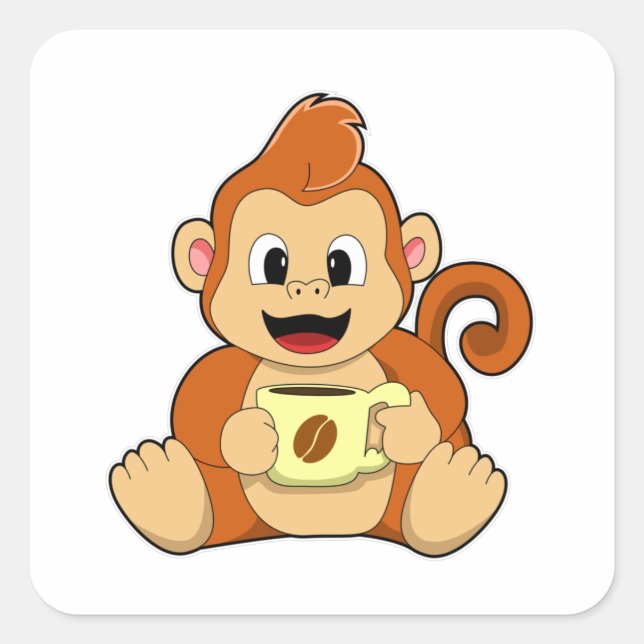 Monkey with Cup of Coffee Square Sticker (Front)