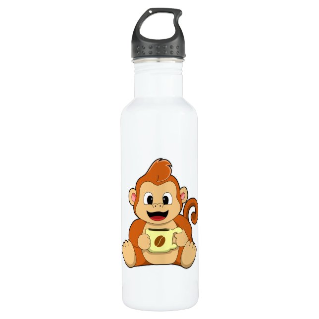 Monkey with Cup of Coffee Stainless Steel Water Bottle (Front)