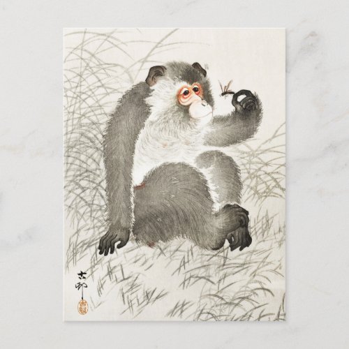 Monkey with Insect Painting by Ohara Koson Postcard