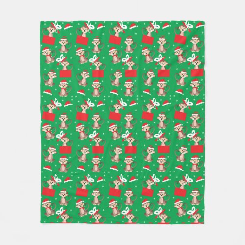 Monkey With Santa Hat Pattern Christmas Present Fleece Blanket