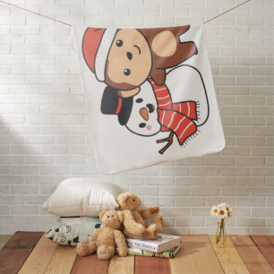 Monkey With Snowman In Winter For Christmas Baby B Blanket