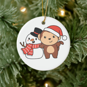 Monkey With Snowman In Winter For Christmas Cerami Ceramic Ornament