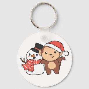 Monkey With Snowman In Winter For Christmas Keycha Keychain