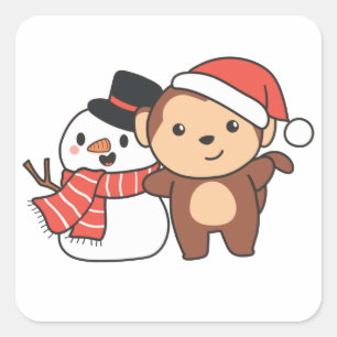 Monkey With Snowman In Winter For Christmas Square Square Sticker