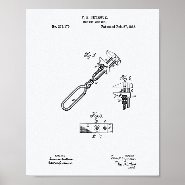 Monkey Wrench 1883 Patent Art White Paper Poster (Front)