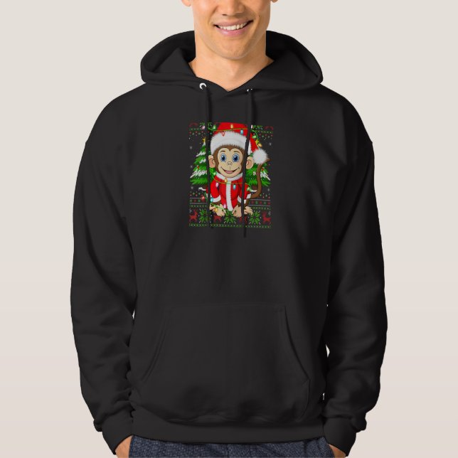 Monkey Xmas Tree Matching Santa Monkey Ugly Christ Hoodie (Front)