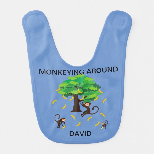 "Monkeying Around" baby bib with name. (Front)