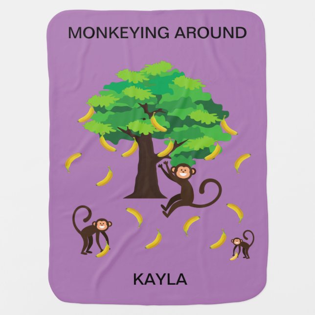 "Monkeying Around" baby blanket with name. (Front)