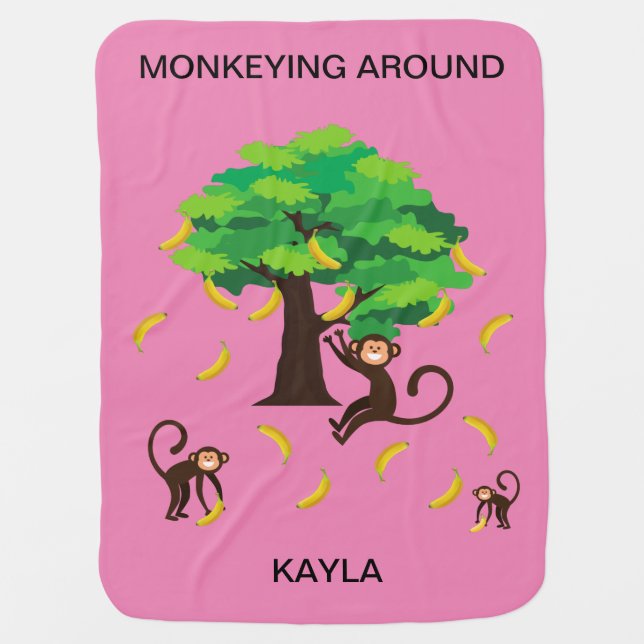 "Monkeying Around" baby blanket with name. (Front)